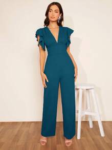 SHEIN BAE V-neck Ruffle Trim Wide Leg Jumpsuit - Teal Blue - View 3