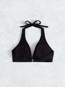 Solid Halter Bikini Top - Black - View 2