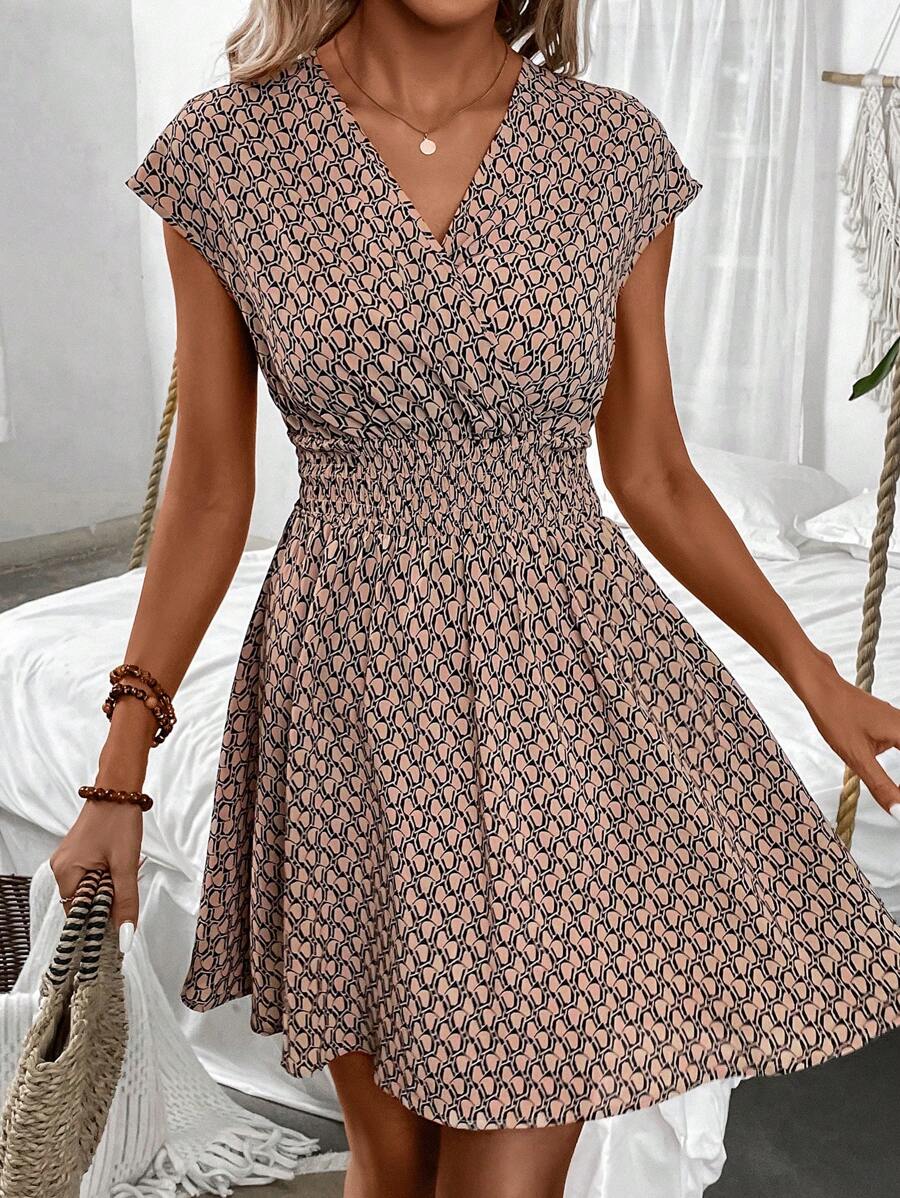 SHEIN LUNE 滿版印花蝙蝠袖洋裝 - 卡其色 - 查看 1