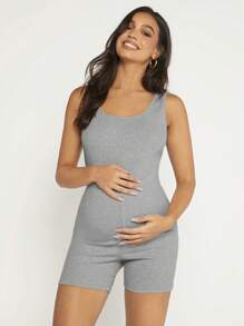 SHEIN Maternity Solid Tank Unitard Romper - Grey - View 1