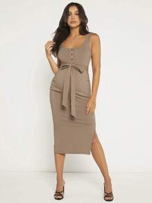 Maternity Button Front Split Thigh Belted Dress - Khaki - View 1