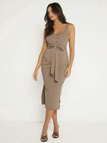 Maternity Button Front Split Thigh Belted Dress - Khaki - View 4