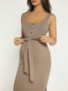 Maternity Button Front Split Thigh Belted Dress - Khaki - View 8
