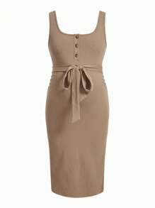 Maternity Button Front Split Thigh Belted Dress - Khaki - View 9
