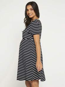SHEIN Maternity Striped Print Smock Dress - Black - View 2