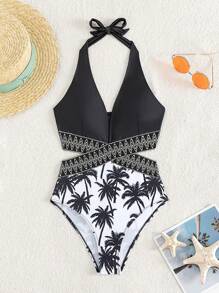 SHEIN Swim Summer Beach 1pc Coconut Tree Print Tape Halter One Piece Swimsuit - Black and White - View 4