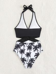 SHEIN Swim Summer Beach 1pc Coconut Tree Print Tape Halter One Piece Swimsuit - Black and White - View 5