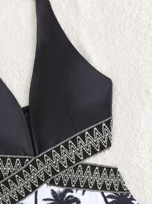 SHEIN Swim Summer Beach 1pc Coconut Tree Print Tape Halter One Piece Swimsuit - Black and White - View 6