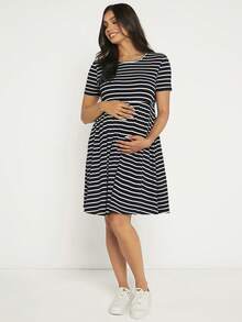 SHEIN Maternity Striped Print Smock Dress - Black - View 7