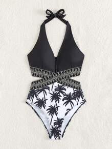 SHEIN Swim Summer Beach 1pc Coconut Tree Print Tape Halter One Piece Swimsuit - Black and White - View 8