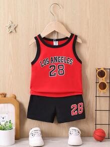 SHEIN 2pcs Baby Boy Casual Sports Letter Print Round Neck Tank Top And Shorts Set, Suitable For Outdoor Activities, Sports Events, Kindergarten, Spring Summer - Multicolor - View 1