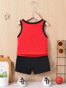 SHEIN 2pcs Baby Boy Casual Sports Letter Print Round Neck Tank Top And Shorts Set, Suitable For Outdoor Activities, Sports Events, Kindergarten, Spring Summer - Multicolor - View 2