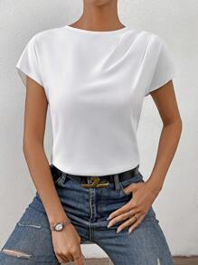 SHEIN Essnce Solid Batwing Sleeve Blouse,Short Sleeve Tops - White - View 3