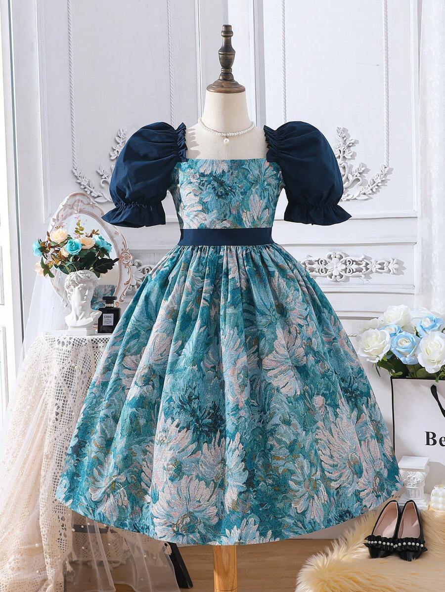 SHEIN 女孩印花泡泡袖洋裝