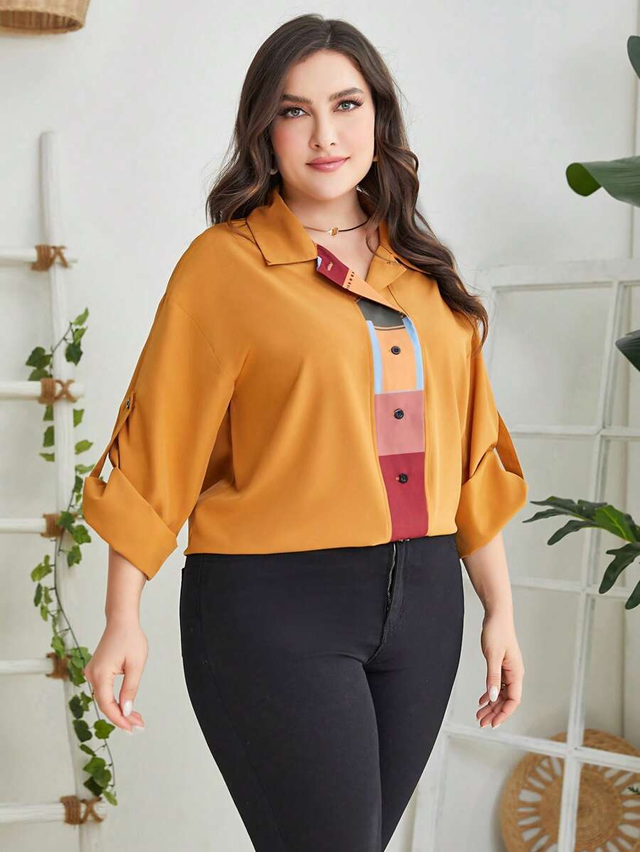 Mulvari Plus Colorblock Roll Tab Sleeve Shirt | SHEIN USA