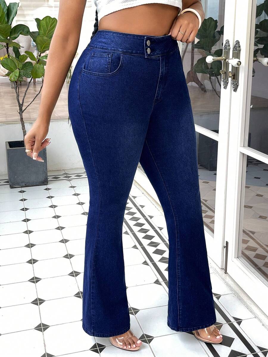 SHEIN SXY 大碼高腰牛仔喇叭褲 - 深色水洗藍 - 查看 1