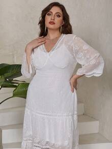 Eilly Bazar 大碼優雅刺綉 荷葉邊 透膚純色連衣裙 - 白色 - 查看 3