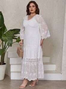 Eilly Bazar 大碼優雅刺綉 荷葉邊 透膚純色連衣裙 - 白色 - 查看 4