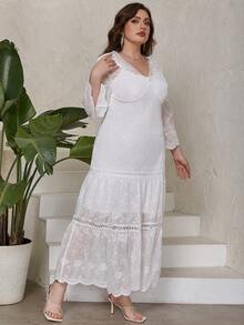 Eilly Bazar 大碼優雅刺綉 荷葉邊 透膚純色連衣裙 - 白色 - 查看 5