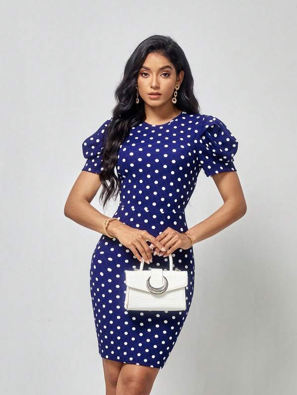 SHEIN Clasi Polka Dot Puff Sleeve Bodycon Dress SHEIN USA