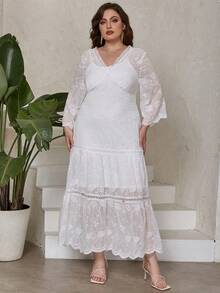 Eilly Bazar 大碼優雅刺綉 荷葉邊 透膚純色連衣裙 - 白色 - 查看 6