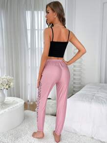 Letter Graphic Cami Top & Trousers PJ Set - Black - View 2