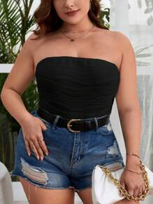 SHEIN Privé 大碼素色抹胸連體衣 - 黑色 - 查看 1