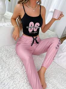 Letter Graphic Cami Top & Trousers PJ Set - Black - View 4