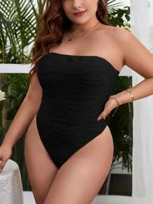 SHEIN Privé 大碼素色抹胸連體衣 - 黑色 - 查看 4