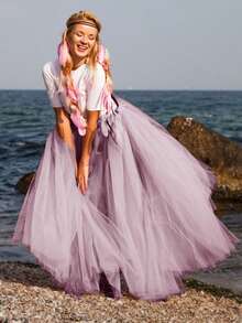 素色長款網紗半身裙 - 淺粉色 - 查看 3