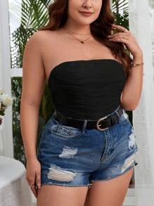 SHEIN Privé 大碼素色抹胸連體衣 - 黑色 - 查看 5