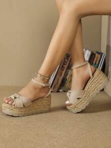 Damen Mode Perlenbesatz Knöchelriemen Keilabsatz Sandalen