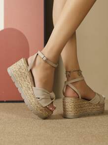 Damen Mode Perlenbesatz Knöchelriemen Keilabsatz Sandalen