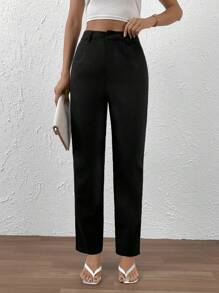 SHEIN Essnce 素色高腰直筒褲 - 黑色 - 查看 4