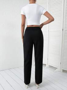 SHEIN Essnce 素色高腰直筒褲 - 黑色 - 查看 3