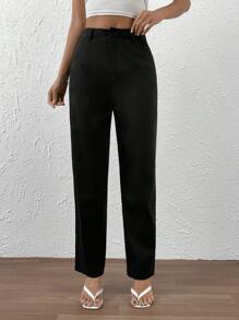 SHEIN Essnce 素色高腰直筒褲 - 黑色 - 查看 5