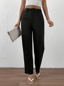SHEIN Essnce 素色高腰直筒褲 - 黑色 - 查看 1