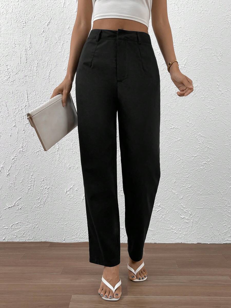 SHEIN Essnce 素色高腰直筒褲 - 黑色 - 查看 1