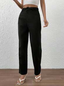 SHEIN Essnce 素色高腰直筒褲 - 黑色 - 查看 6