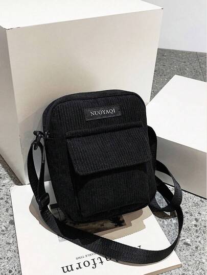 迷你字母贴片方形包黑色灯芯绒可调节肩带，手提包书包单肩包运动包适合高中大学生旅行学院学校斜挎包单肩包侧包圣诞节感恩节礼物侧包流浪包手提包礼物黑色包露营单肩包返校夏季包春假包斜挎包学校用品