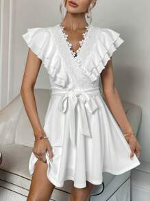 SHEIN Privé Đầm Thắt lưng Tương phản ren Xù Dây kéo màu trơn Thanh lịch - trắng - Xem 3