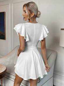 SHEIN Privé Đầm Thắt lưng Tương phản ren Xù Dây kéo màu trơn Thanh lịch - trắng - Xem 2