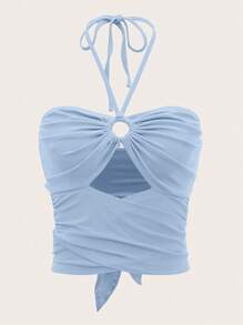 SHEIN ICON Solid Cut Out Halter Top - Baby Blue - View 1