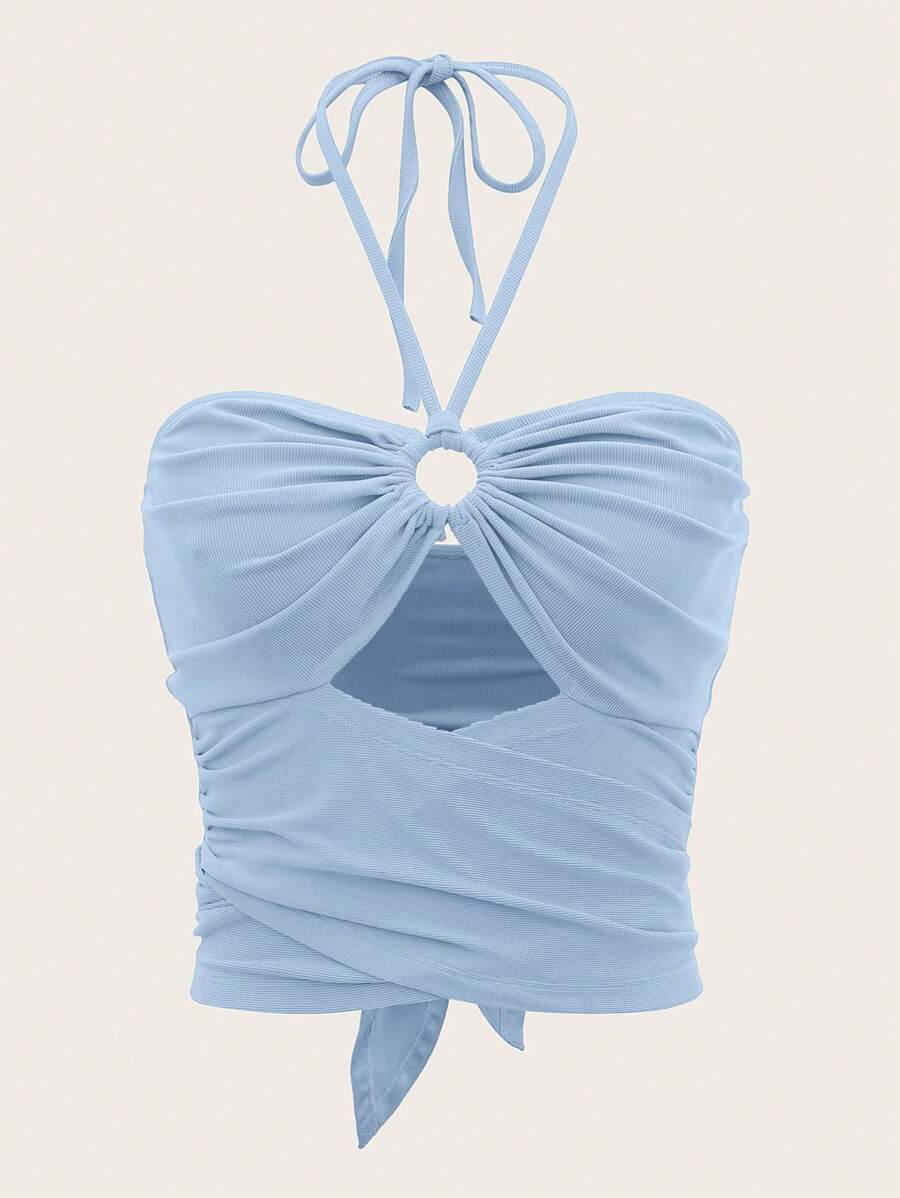 SHEIN ICON Solid Cut Out Halter Top - Baby Blue - View 1