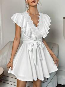 SHEIN Privé Đầm Thắt lưng Tương phản ren Xù Dây kéo màu trơn Thanh lịch - trắng - Xem 5