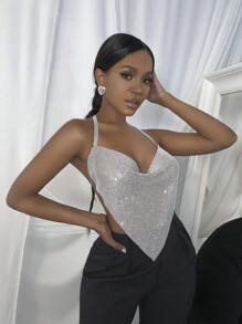 SHEIN Slayr 前垂褶露背金屬質感掛脖上衣 - 銀色 - 查看 1