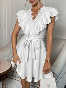 SHEIN Privé Đầm Thắt lưng Tương phản ren Xù Dây kéo màu trơn Thanh lịch - trắng - Xem 4