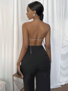 SHEIN Slayr 前垂褶露背金屬質感掛脖上衣 - 銀色 - 查看 2