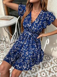 SHEIN LUNE Ditsy Floral Print Butterfly Sleeve Ruffle Hem Belted Dress - Royal Blue - View 1