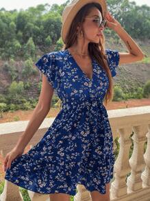 SHEIN LUNE Ditsy Floral Print Butterfly Sleeve Ruffle Hem Belted Dress - Royal Blue - View 4
